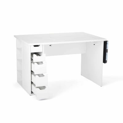 White Ginger Sewing Cabinet (62020) from Kangaroo Sewing Furniture with storage drawers extended