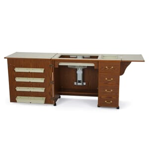 Oak Norma Jean Sewing Cabinet (350) from Arrow Sewing Furniture fully opened with sewing lift in flat bed sewing position