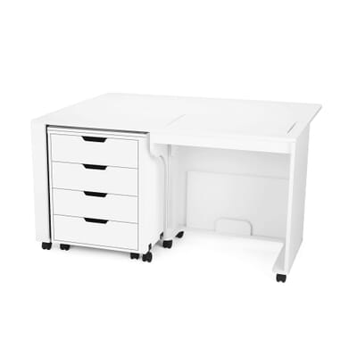 White Laverne & Shirley Sewing Cabinet (441) from Arrow Sewing Furniture with quilt leaf extended