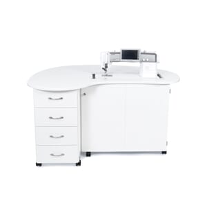 White Amelia Sewing Cabinet (R8301) from Americana Sewing Furniture with sewing machine in free arm sewing position
